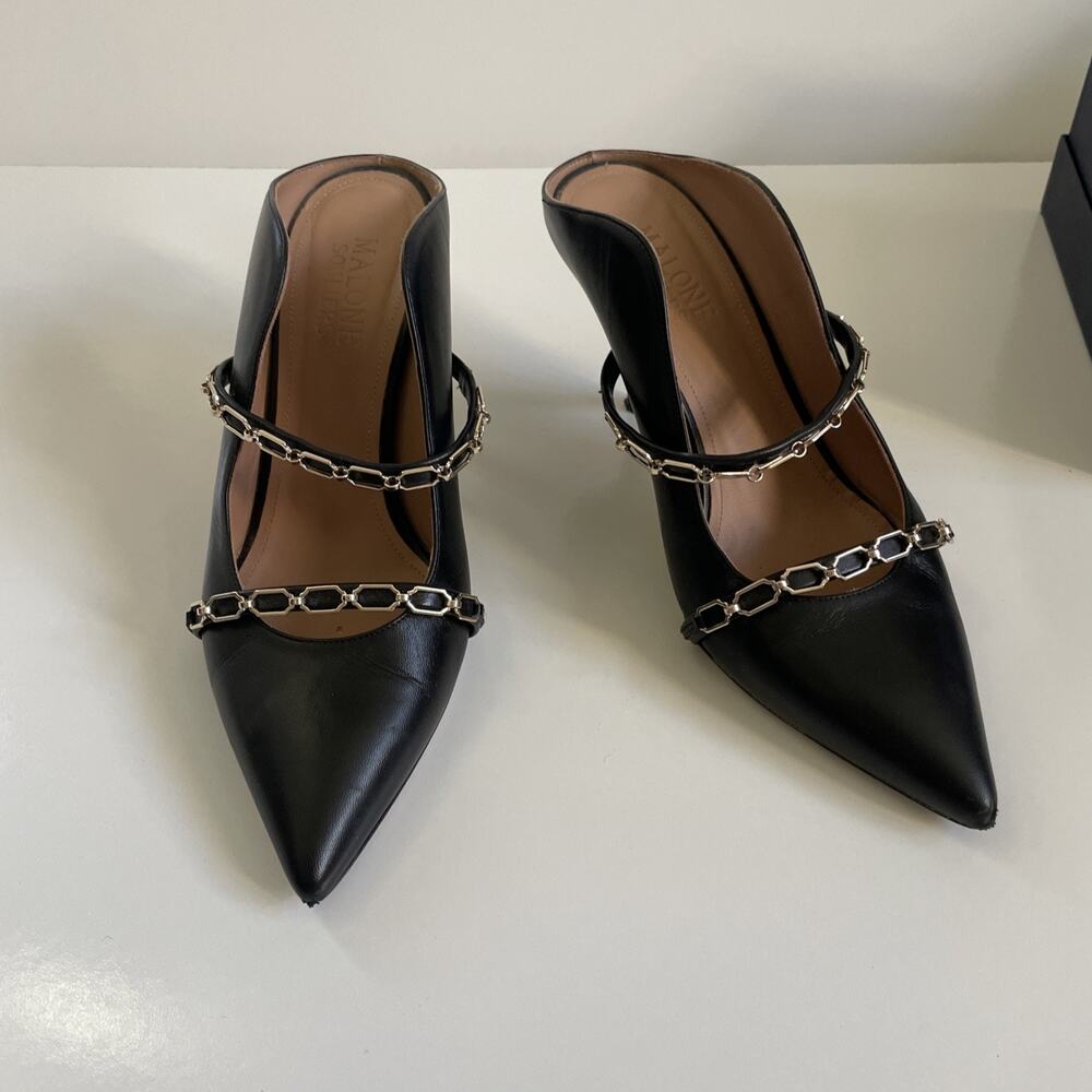Malone Souliers Maureen Mules 39.5 Handmade Black Leather Pointed Toe Heels